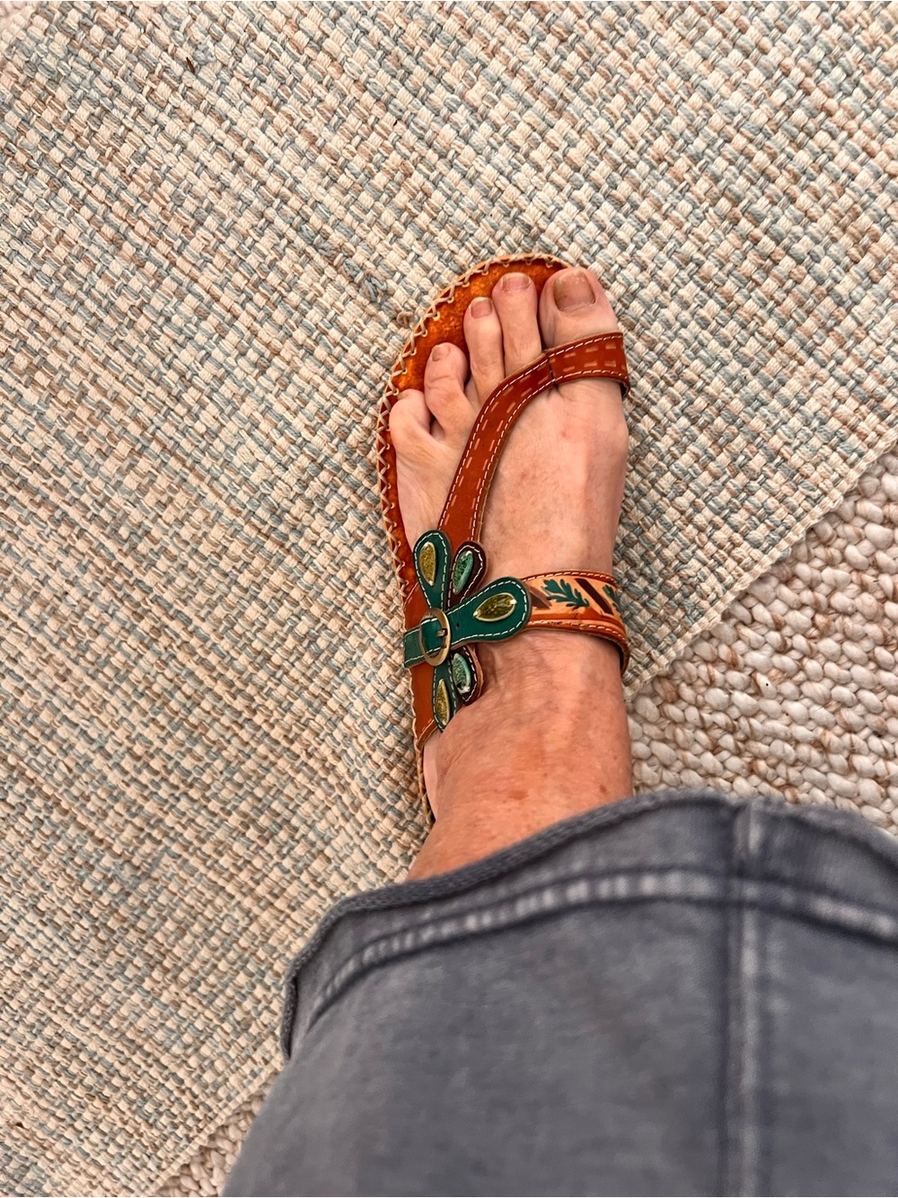 Artisan Orange Leather Sandals with Green Floral Accent - Picture 6 of 6